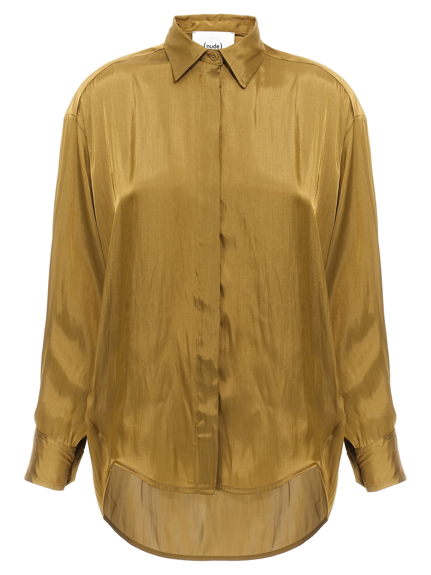 Blouse by NUDE for women in polyester satin gold & nude showcases a sublime silhouette, artfully detailed with a sublime asymmetric neckline and for a sophisticated, sublime finish.