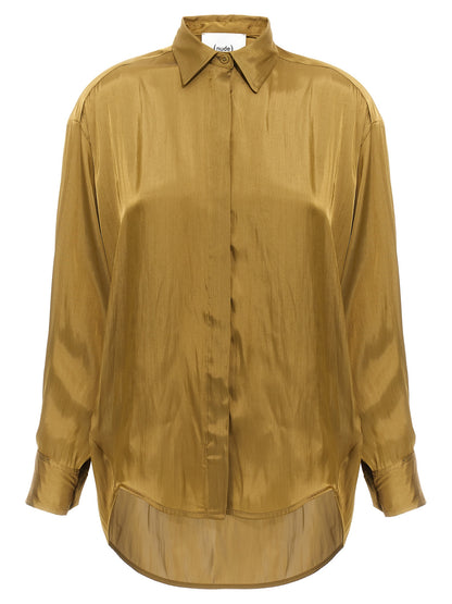 Blouse by NUDE for women in polyester satin gold & nude showcases a sublime silhouette, artfully detailed with a sublime asymmetric neckline and for a sophisticated, sublime finish.