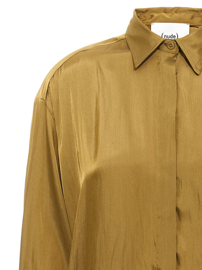 Blouse by NUDE for women in polyester satin gold & nude features an polished silhouette, showcasing a sophisticated asymmetric neckline and detail for a truly polished finish.