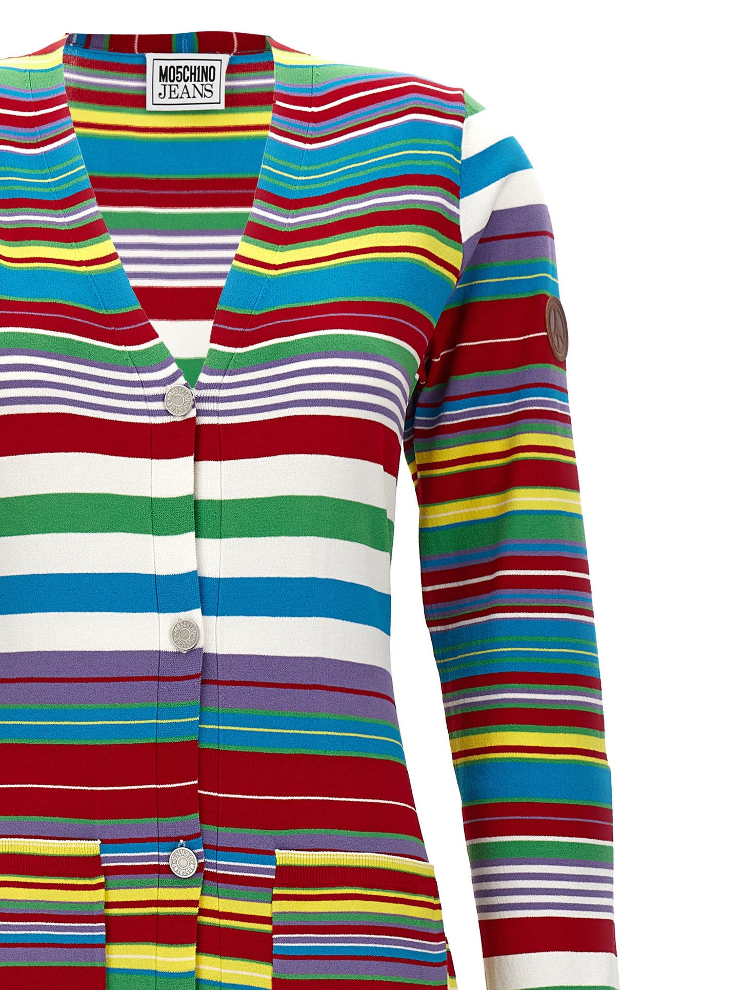 Cardigan by MO5CH1NO JEANS for women in polyester & viscose multicolor, patterned & striped features an impeccable silhouette, showcasing a sophisticated and detail for a truly impeccable finish.