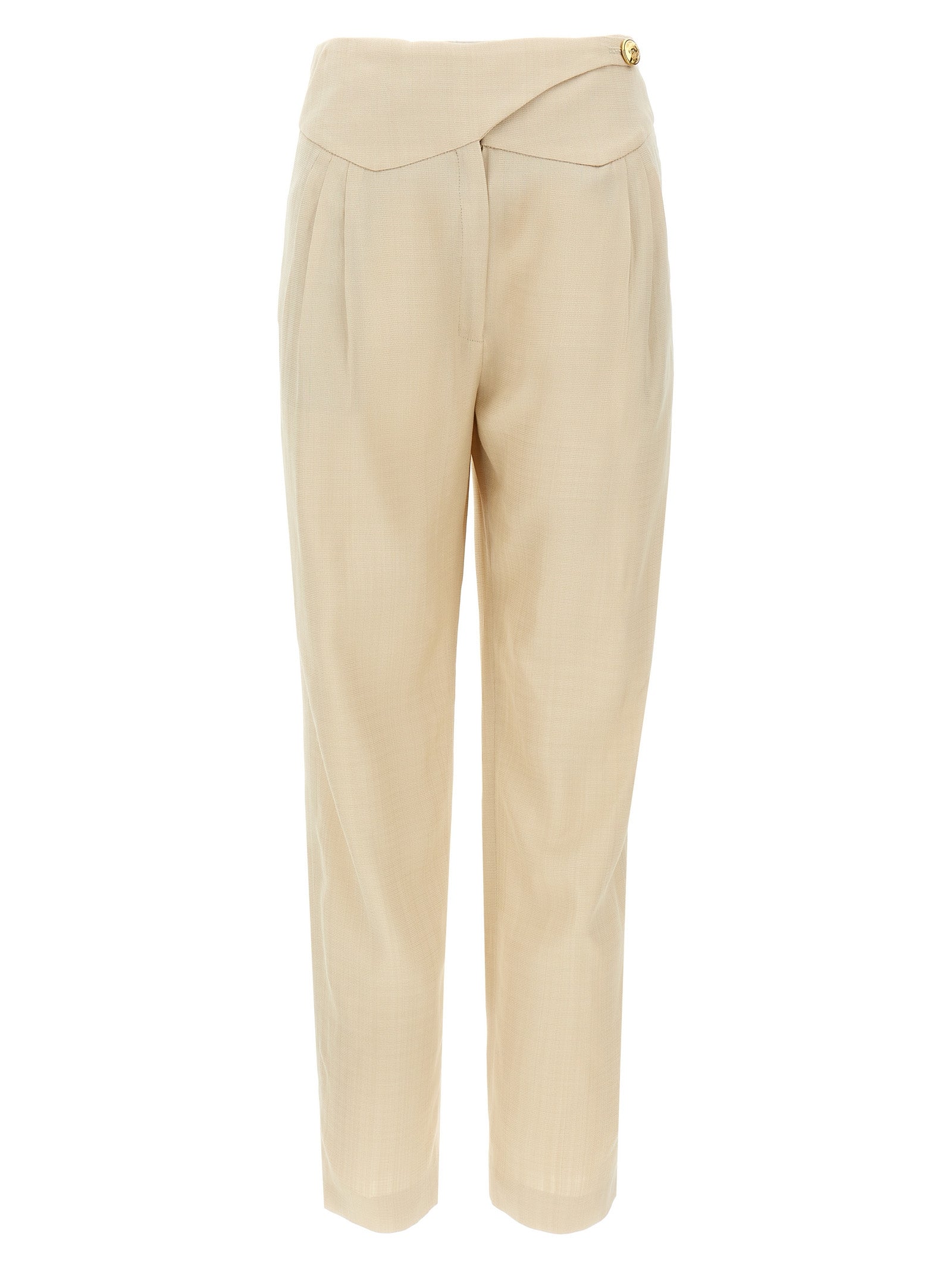 Trousers by Blazé Milano for women in viscose beige presents a perennial silhouette, meticulously tailored with a straight-leg cut, long finish, and an elegant high rise.