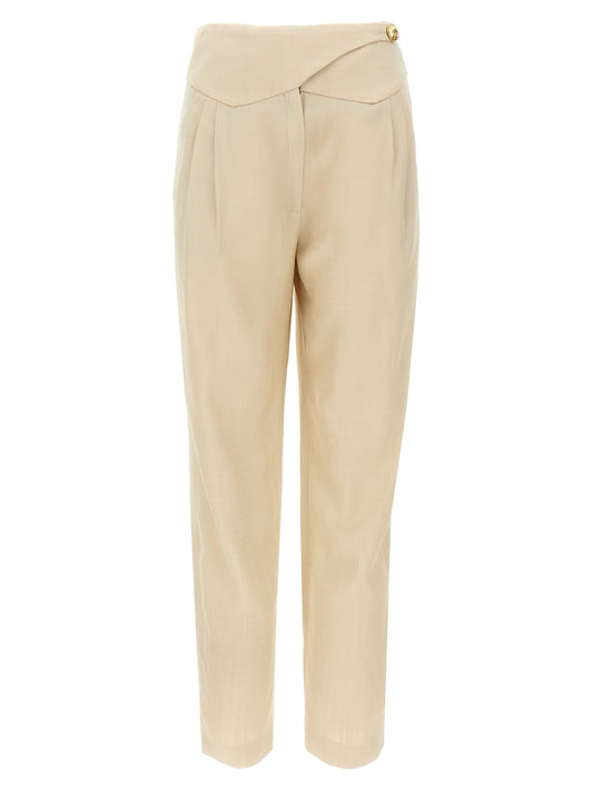 Trousers by Blazé Milano for women in viscose beige presents a perennial silhouette, meticulously tailored with a straight-leg cut, long finish, and an elegant high rise.