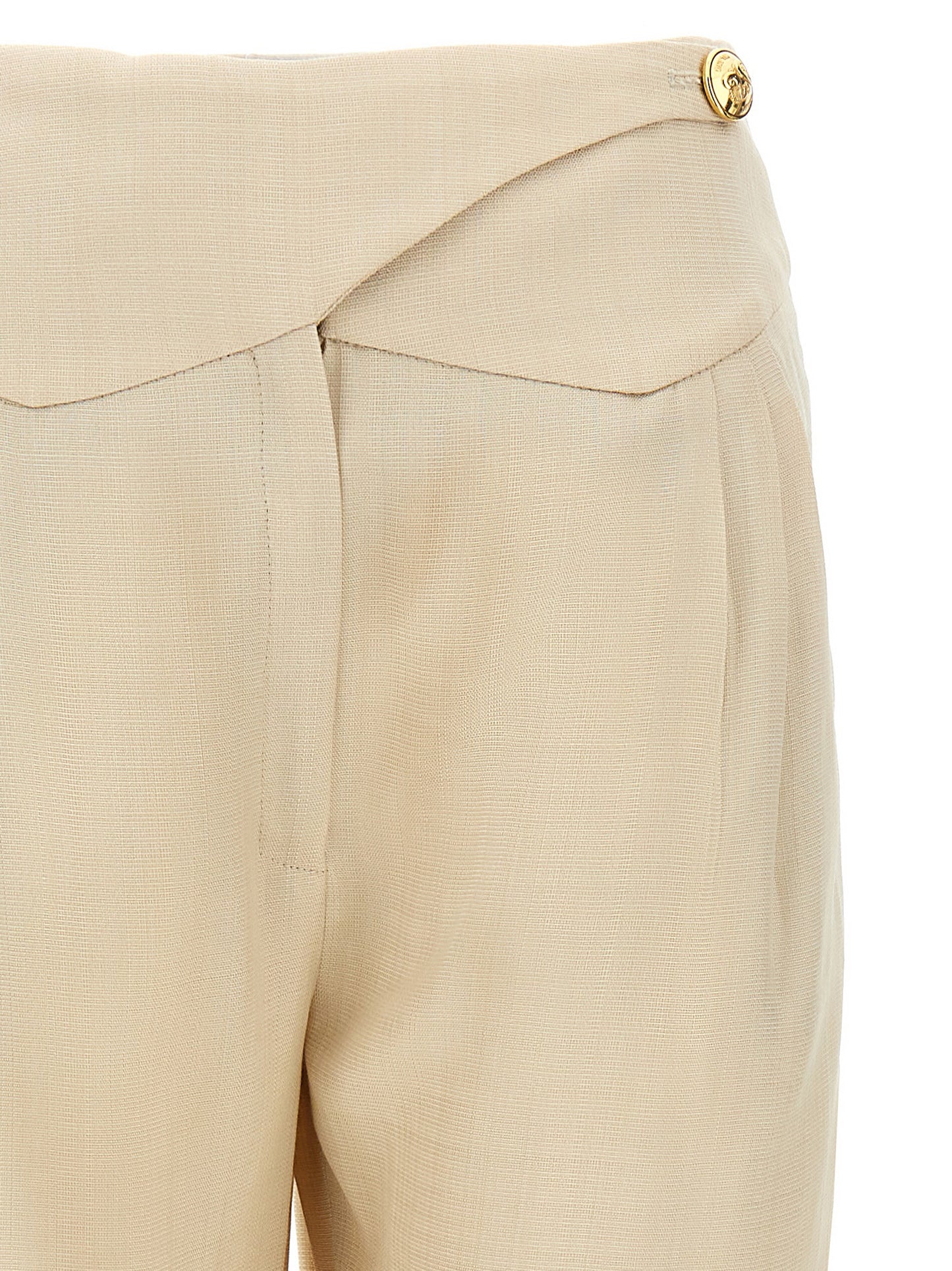 Trousers by Blazé Milano for women in viscose beige features an sartorial silhouette, showcasing a precise straight-leg and long with a sartorial high rise for a refined look.