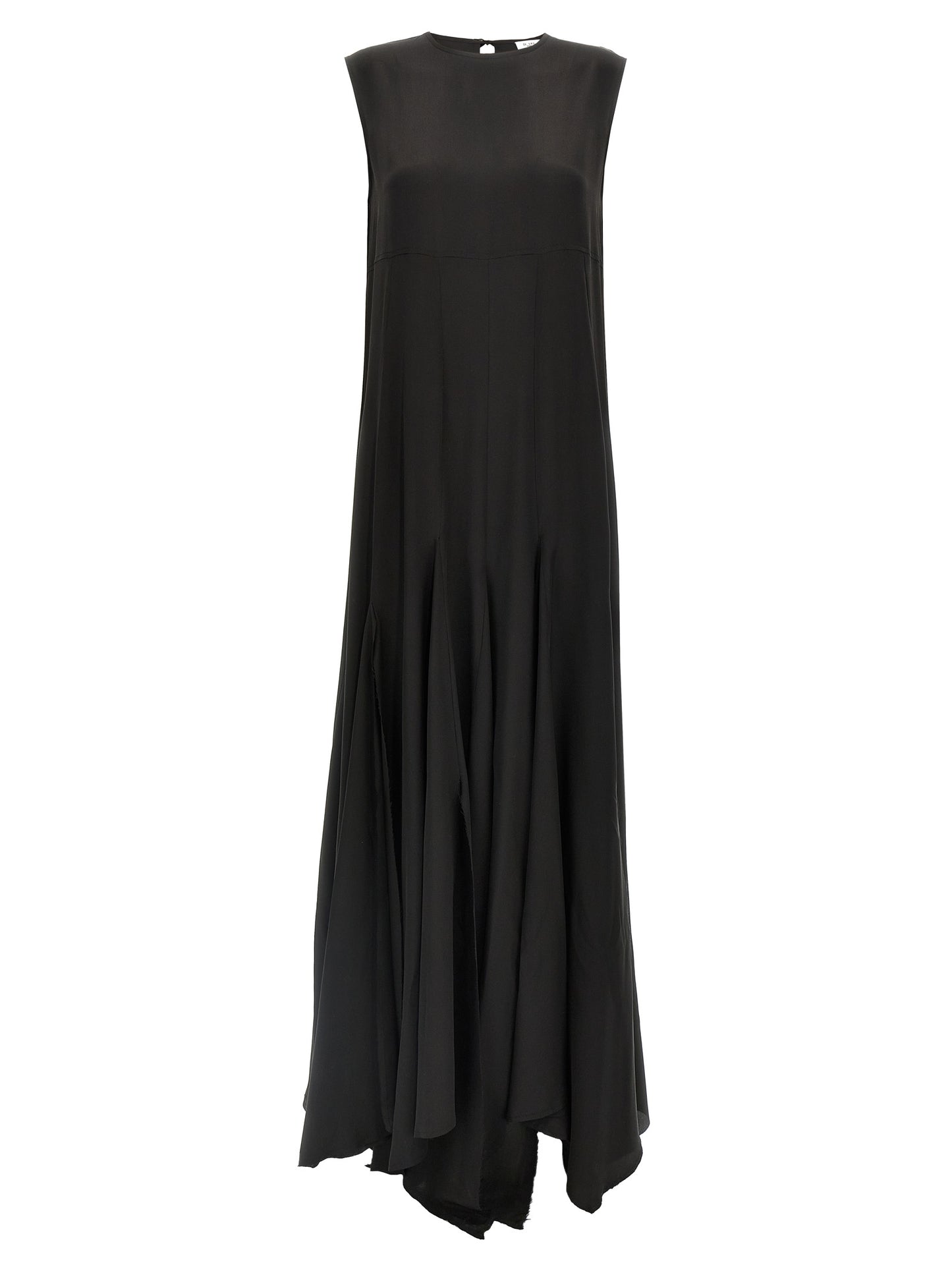 Dress by DI.LA3 PARI' for women in silk crepe black features an eye catching silhouette with a sophisticated crew neckline, elegant , and a refined long for a eye catching aesthetic.