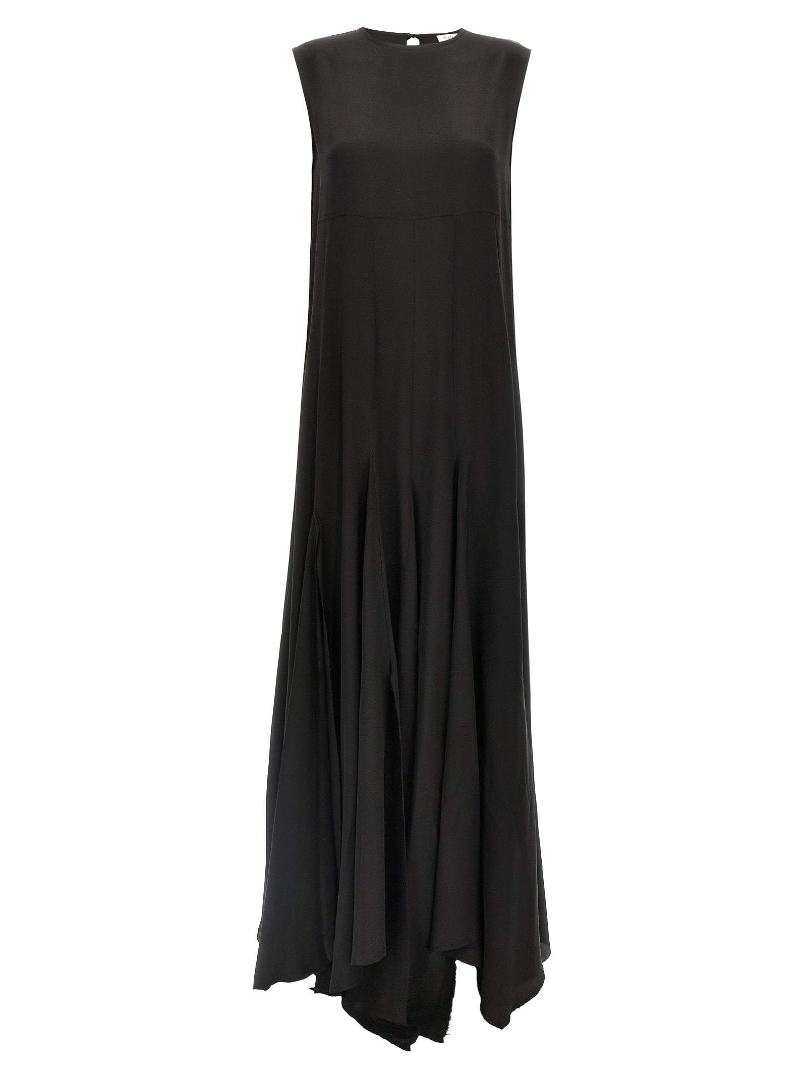 Dress by DI.LA3 PARI' for women in silk crepe black features an eye catching silhouette with a sophisticated crew neckline, elegant , and a refined long for a eye catching aesthetic.