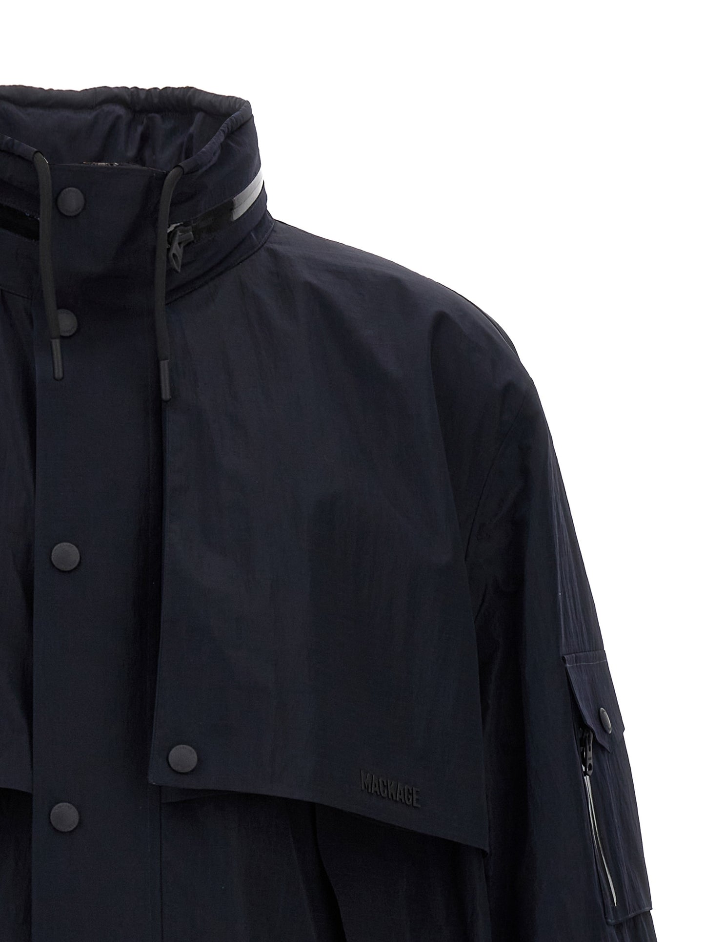 Hooded Windbreaker Jacket by Mackage for men in polyamide blue presents a resilient silhouette, artfully detailed with a sophisticated hooded neckline and functional breathable-design, hooded & windproof for a resilient finish.