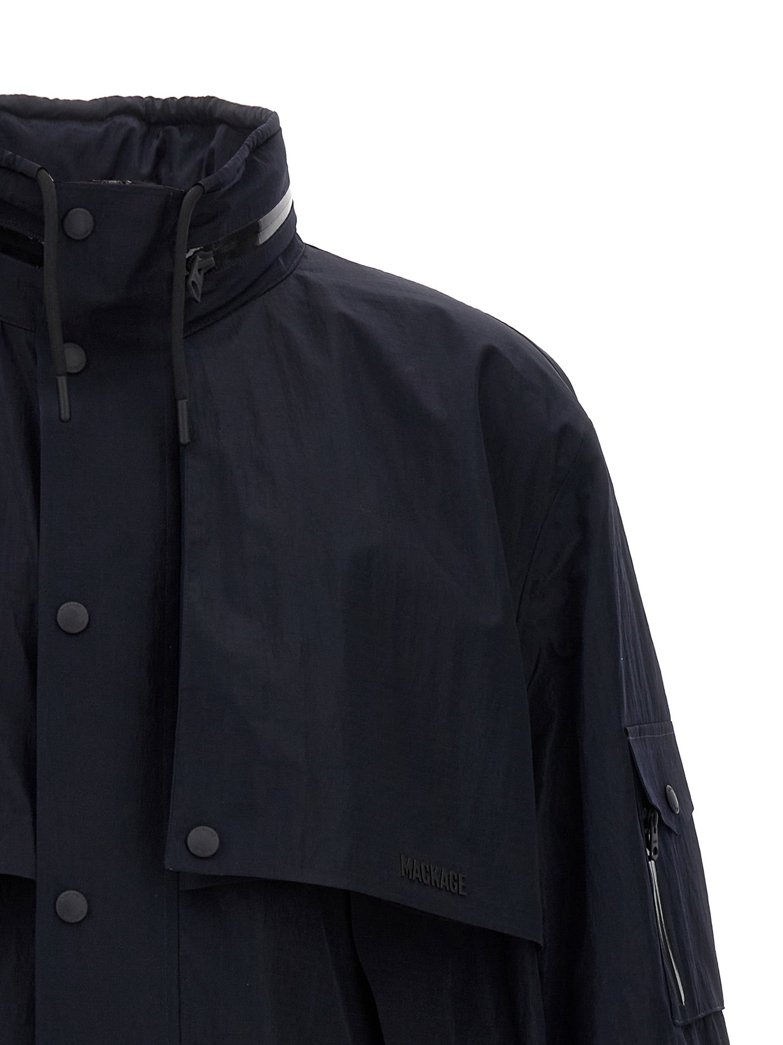 Hooded Windbreaker Jacket by Mackage for men in polyamide blue presents a resilient silhouette, artfully detailed with a sophisticated hooded neckline and functional breathable-design, hooded & windproof for a resilient finish.