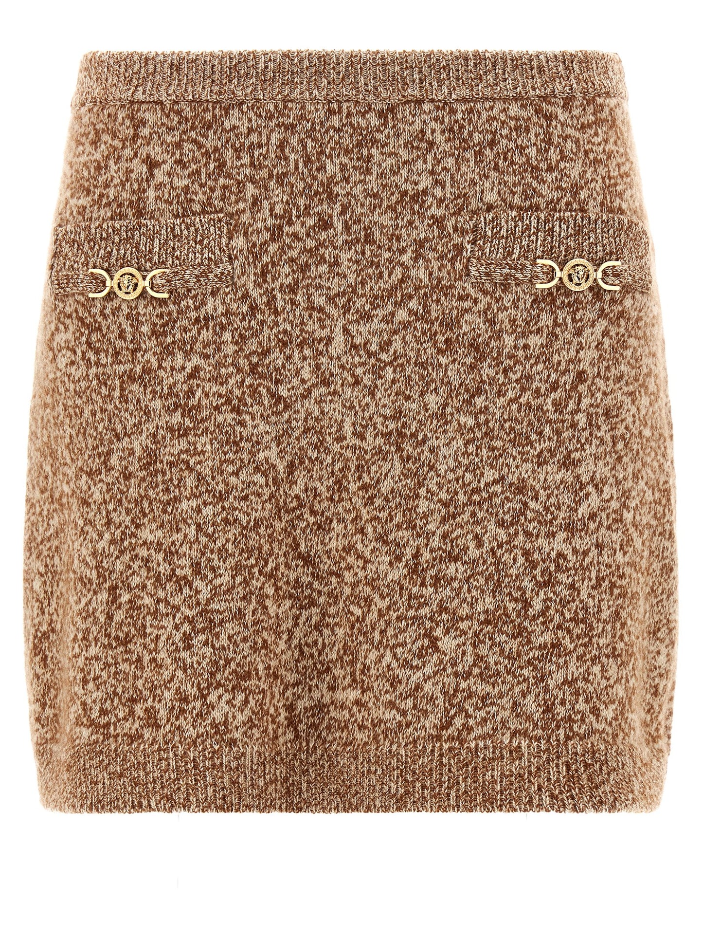 Skirt by Versace for women in cashmere virgin wool gold & multicolor features a sublime silhouette, showcasing the sublime design of the Women's Cashmere Virgin Wool Mini Long Skirt in a sophisticated mini long.