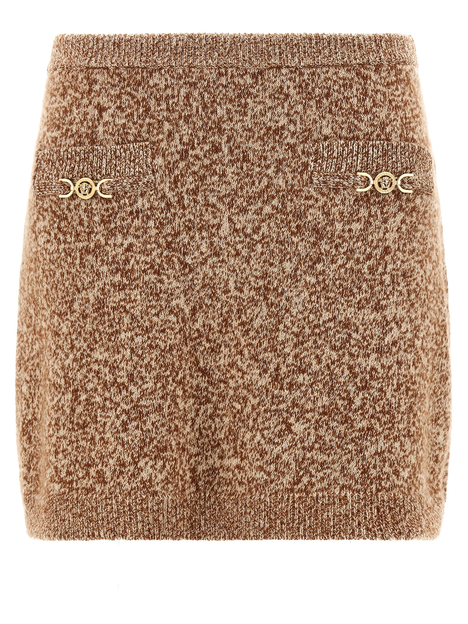 Skirt by Versace for women in cashmere virgin wool gold & multicolor features a sublime silhouette, showcasing the sublime design of the Women's Cashmere Virgin Wool Mini Long Skirt in a sophisticated mini long.