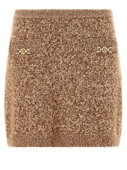 Skirt by Versace for women in cashmere virgin wool gold & multicolor features a sublime silhouette, showcasing the sublime design of the Women's Cashmere Virgin Wool Mini Long Skirt in a sophisticated mini long.