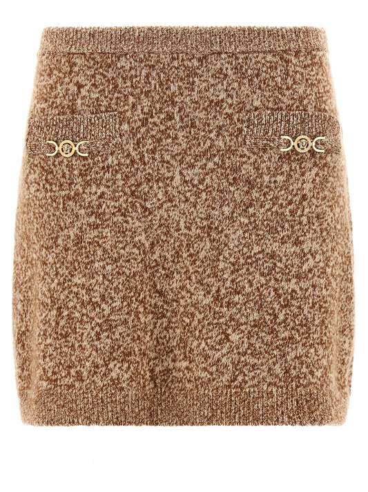 Skirt by Versace for women in cashmere virgin wool gold & multicolor features a sublime silhouette, showcasing the sublime design of the Women's Cashmere Virgin Wool Mini Long Skirt in a sophisticated mini long.