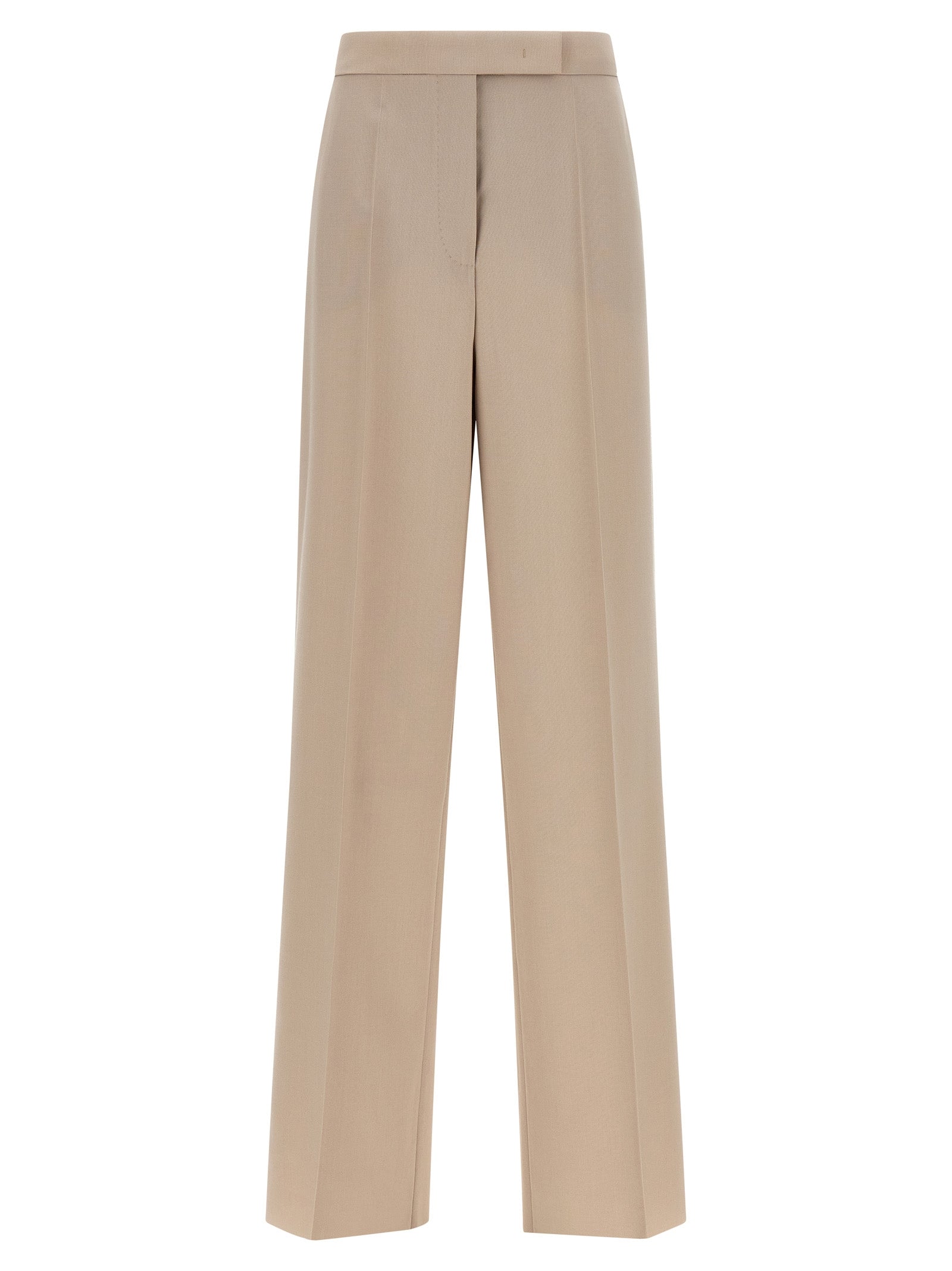 Trousers by Max Mara for women in silk mohair virgin wool beige features an sartorial silhouette, showcasing a precise wide and long with a sartorial high rise for a refined look.