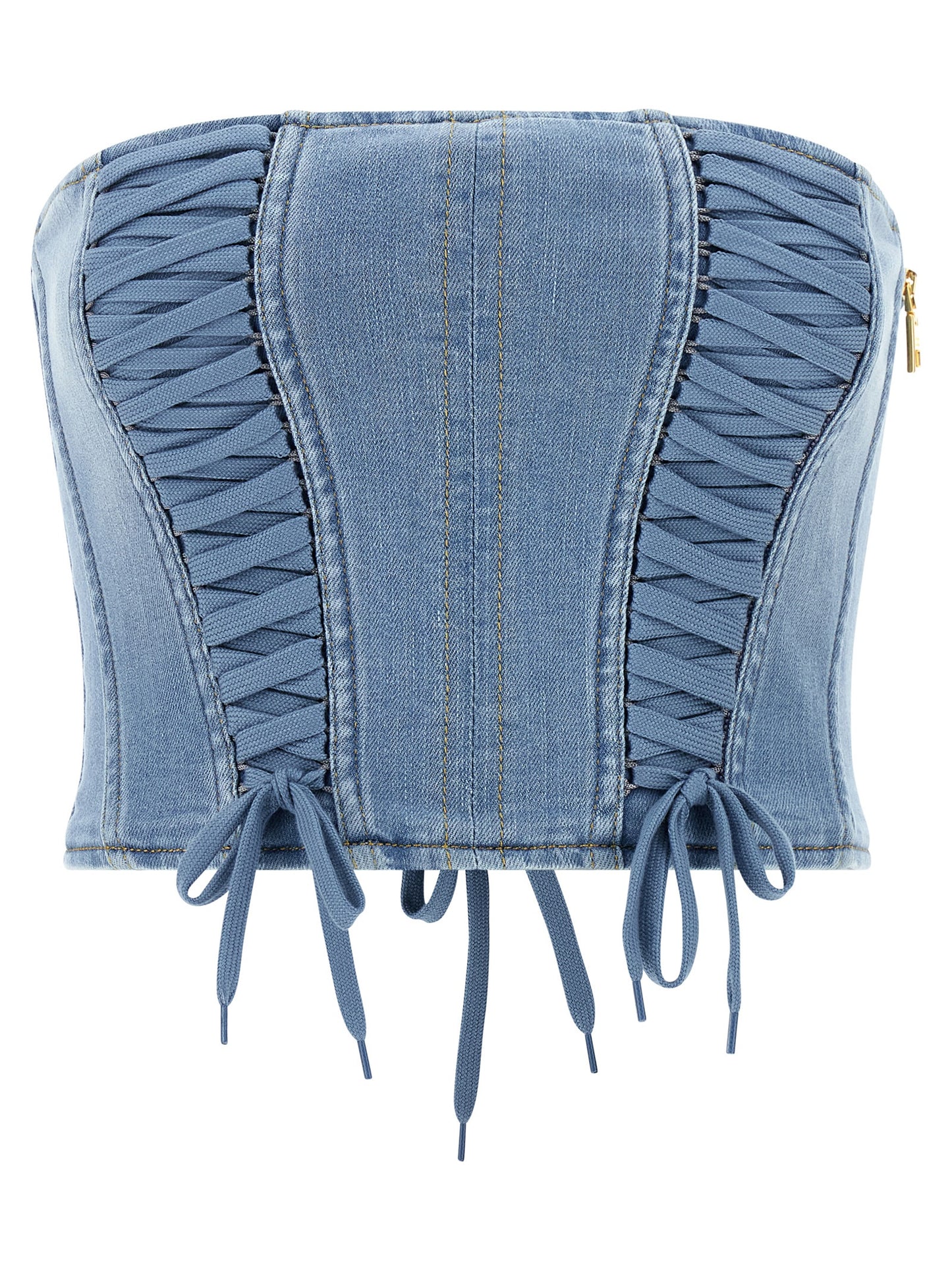 Blouse by Elisabetta Franchi for women in stretch denim cotton polyamide light-blue features an architectural silhouette with a refined and elegant for a architectural look.