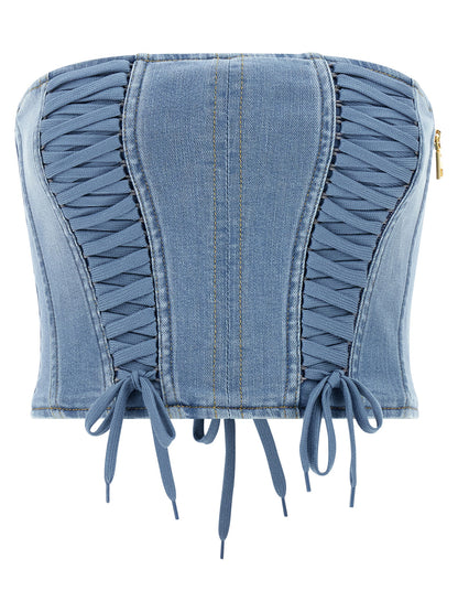 Blouse by Elisabetta Franchi for women in stretch denim cotton polyamide light-blue features an architectural silhouette with a refined and elegant for a architectural look.