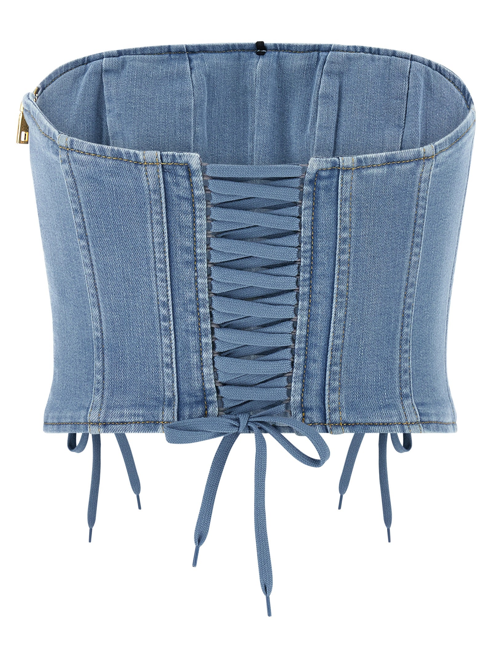 Blouse by Elisabetta Franchi for women in stretch denim cotton polyamide light-blue presents a discerning silhouette, showcasing a sophisticated and for a truly discerning finish.