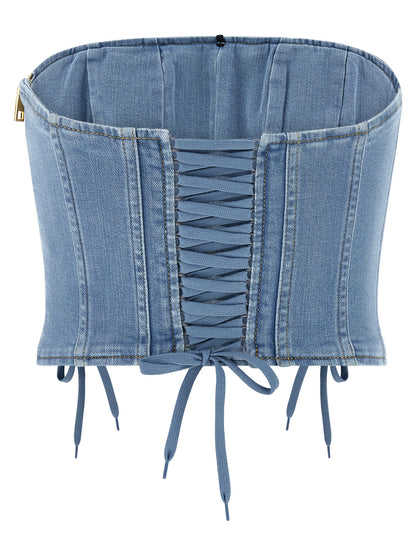 Blouse by Elisabetta Franchi for women in stretch denim cotton polyamide light-blue presents a discerning silhouette, showcasing a sophisticated and for a truly discerning finish.