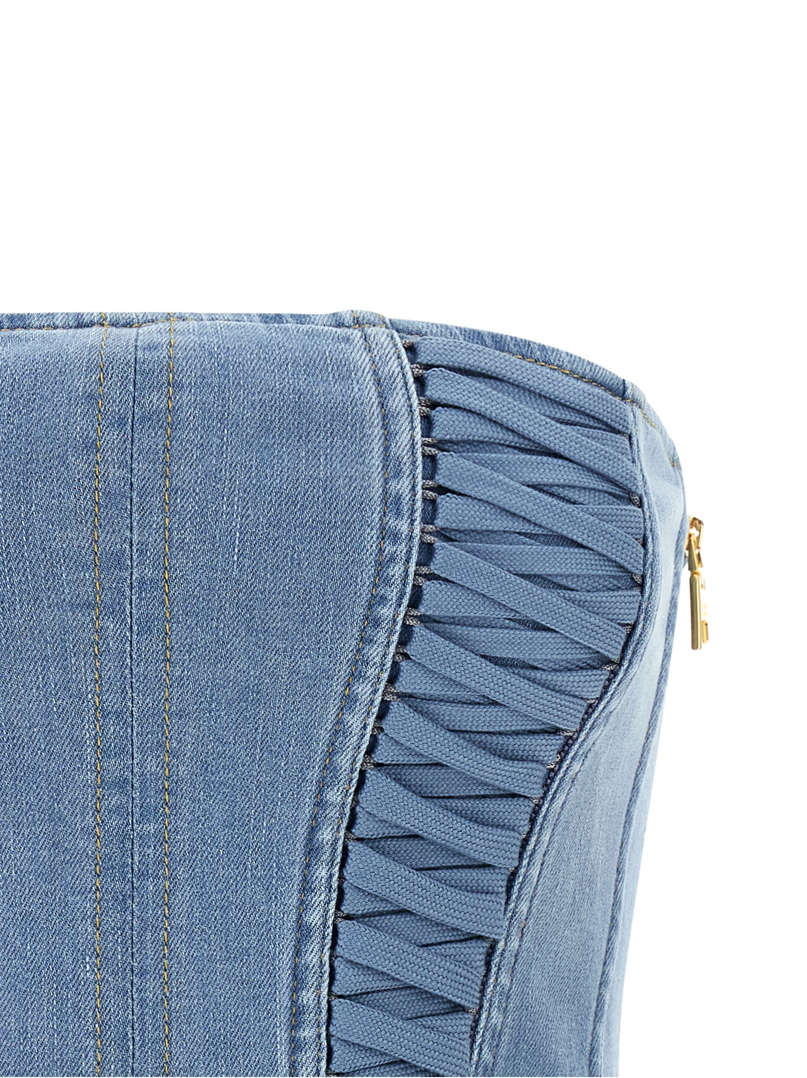 Blouse by Elisabetta Franchi for women in stretch denim cotton polyamide light-blue showcases a sublime silhouette, artfully detailed with a sublime and for a sophisticated, sublime finish.