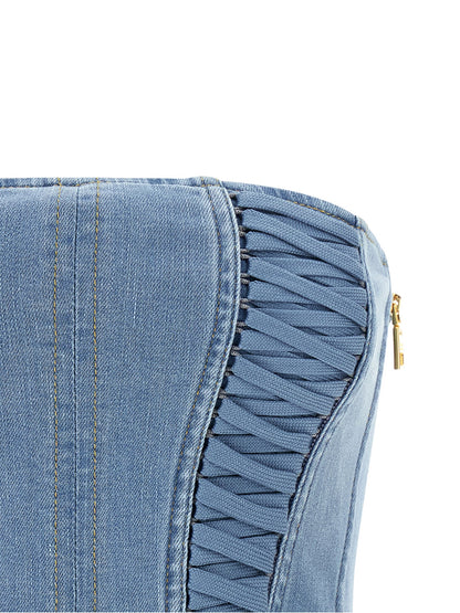 Blouse by Elisabetta Franchi for women in stretch denim cotton polyamide light-blue showcases a sublime silhouette, artfully detailed with a sublime and for a sophisticated, sublime finish.