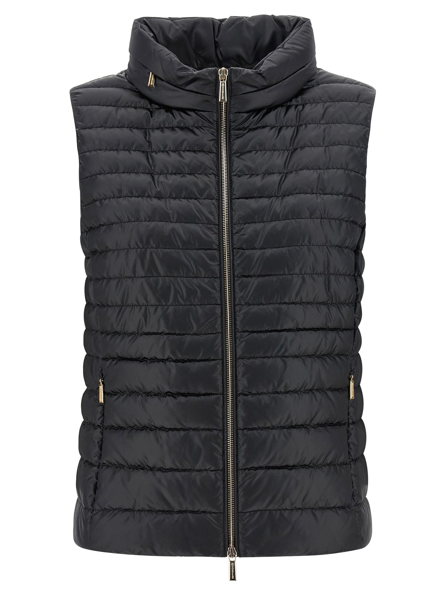 Hooded Vest by MooRER for women in polyester black showcases a dynamic silhouette, perfectly balancing pockets & hooded with a dynamic hooded neckline for a sophisticated, high-fashion look.