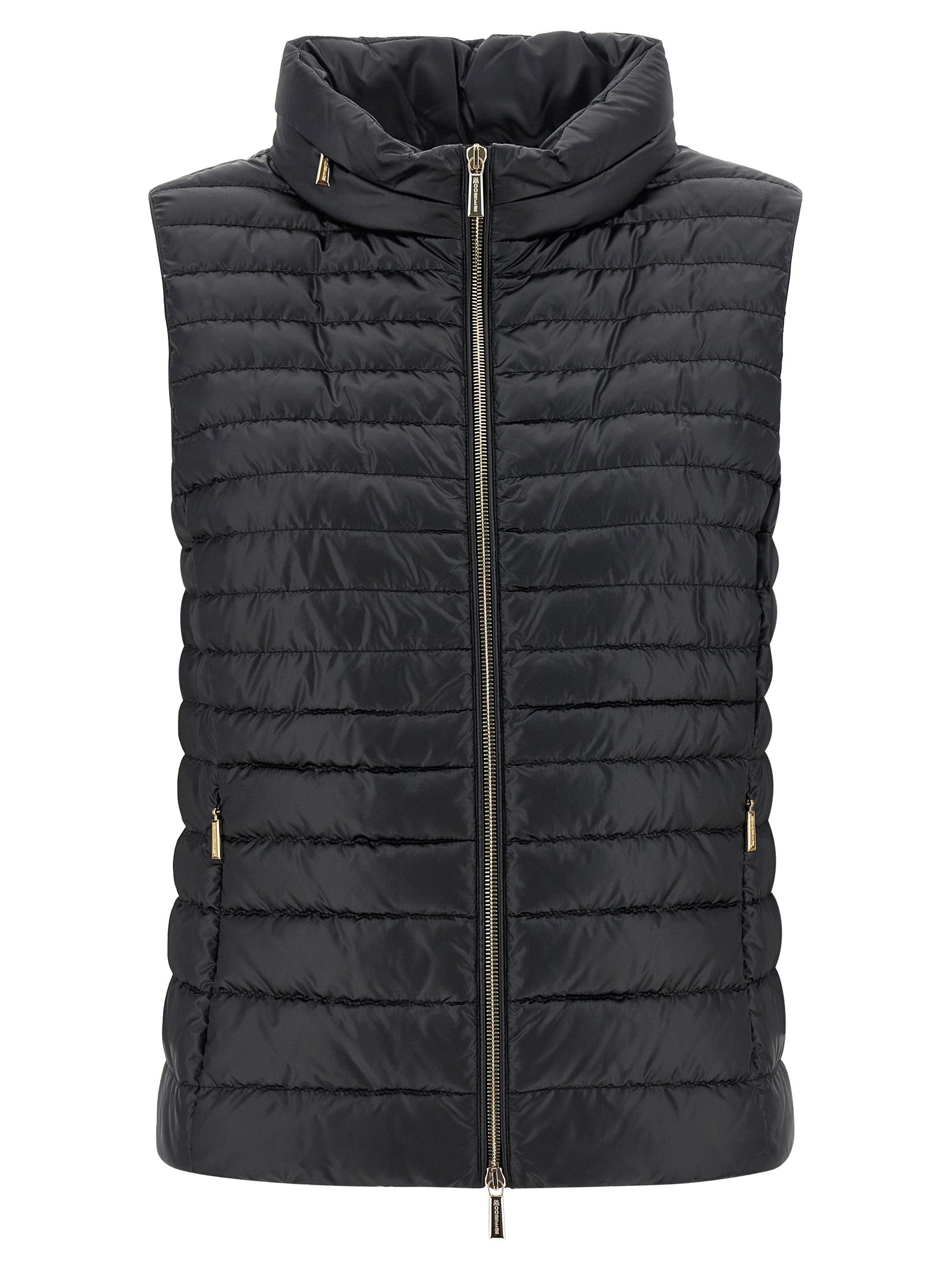 Hooded Vest by MooRER for women in polyester black showcases a dynamic silhouette, perfectly balancing pockets & hooded with a dynamic hooded neckline for a sophisticated, high-fashion look.