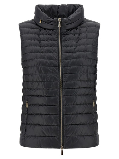 Hooded Vest by MooRER for women in polyester black showcases a dynamic silhouette, perfectly balancing pockets & hooded with a dynamic hooded neckline for a sophisticated, high-fashion look.