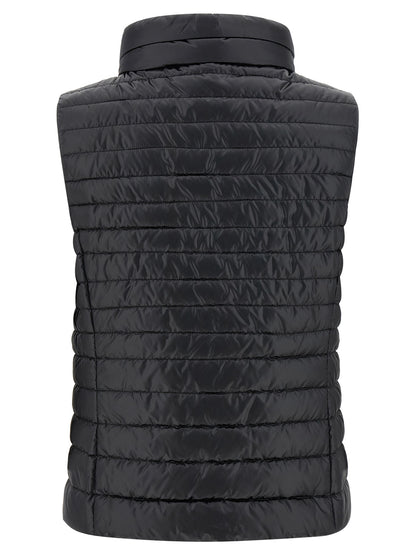 Hooded Vest by MooRER for women in polyester black features a enviable silhouette, elegantly detailed with a enviable hooded neckline and functional pockets & hooded for a enviable finish.