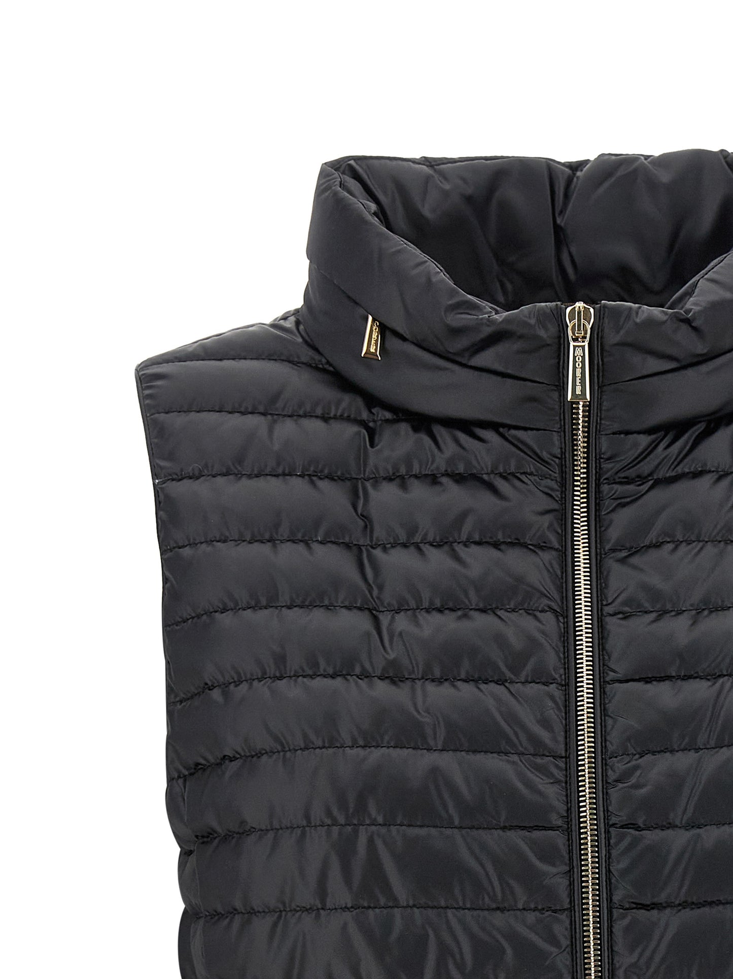 Hooded Vest by MooRER for women in polyester black showcases a utilitarian silhouette, artfully incorporating pockets & hooded and a utilitarian hooded neckline for a truly utilitarian finish.