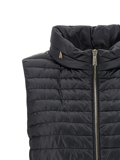 Hooded Vest by MooRER for women in polyester black showcases a utilitarian silhouette, artfully incorporating pockets & hooded and a utilitarian hooded neckline for a truly utilitarian finish.