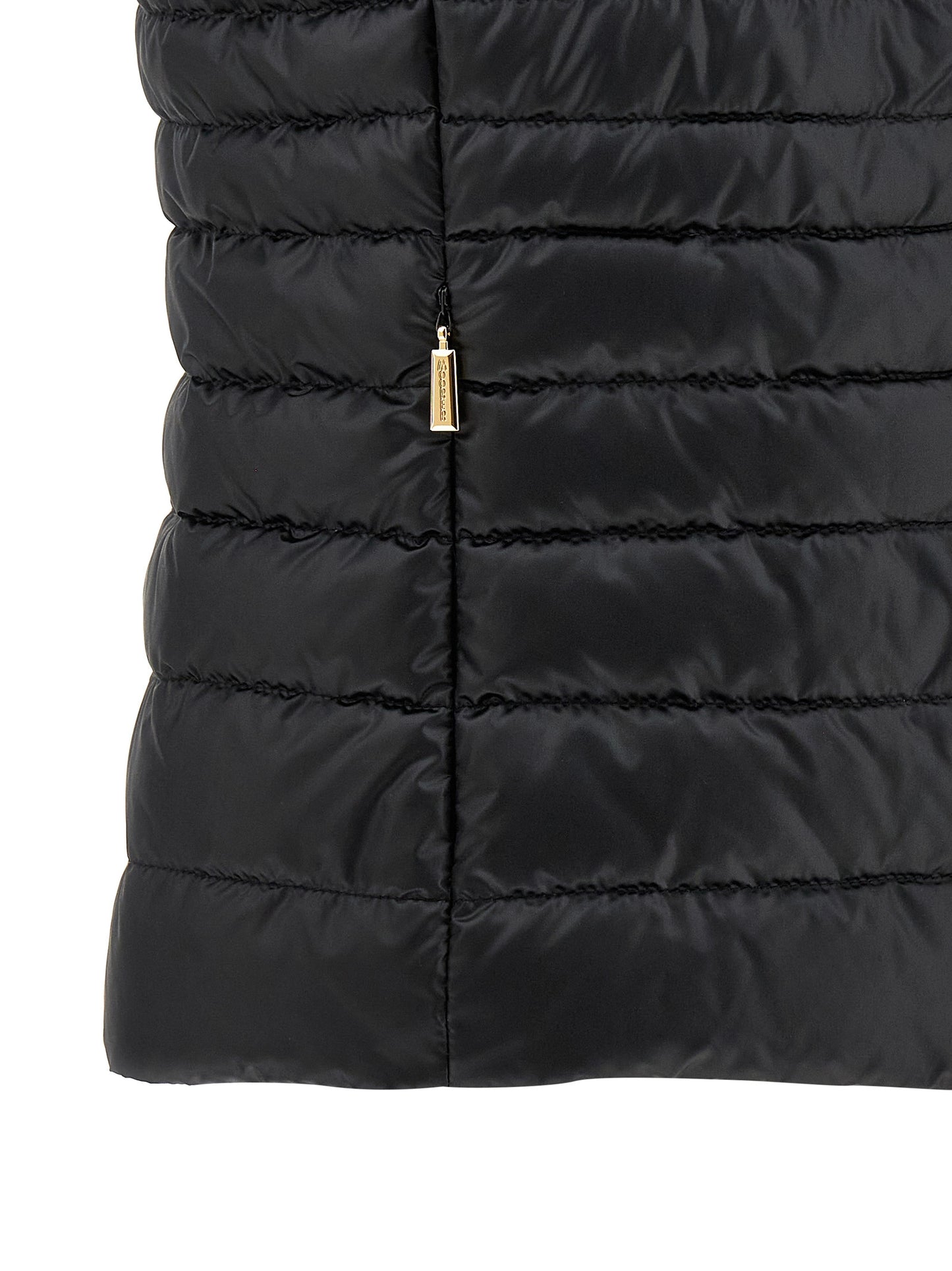 Hooded Vest by MooRER for women in polyester black features a stylish silhouette, showcasing distinct pockets & hooded and a refined hooded neckline for a truly stylish finish.