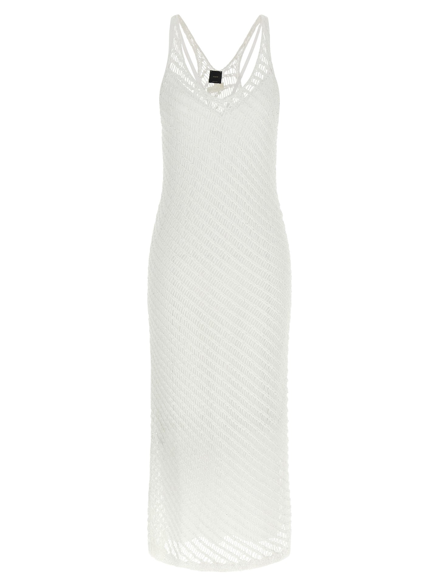 Dress by PINKO for women in viscose & polyester sequins white features a dramatic silhouette, showcasing an elegant v-neck neckline and sleeveless that flows into a dramatic long.