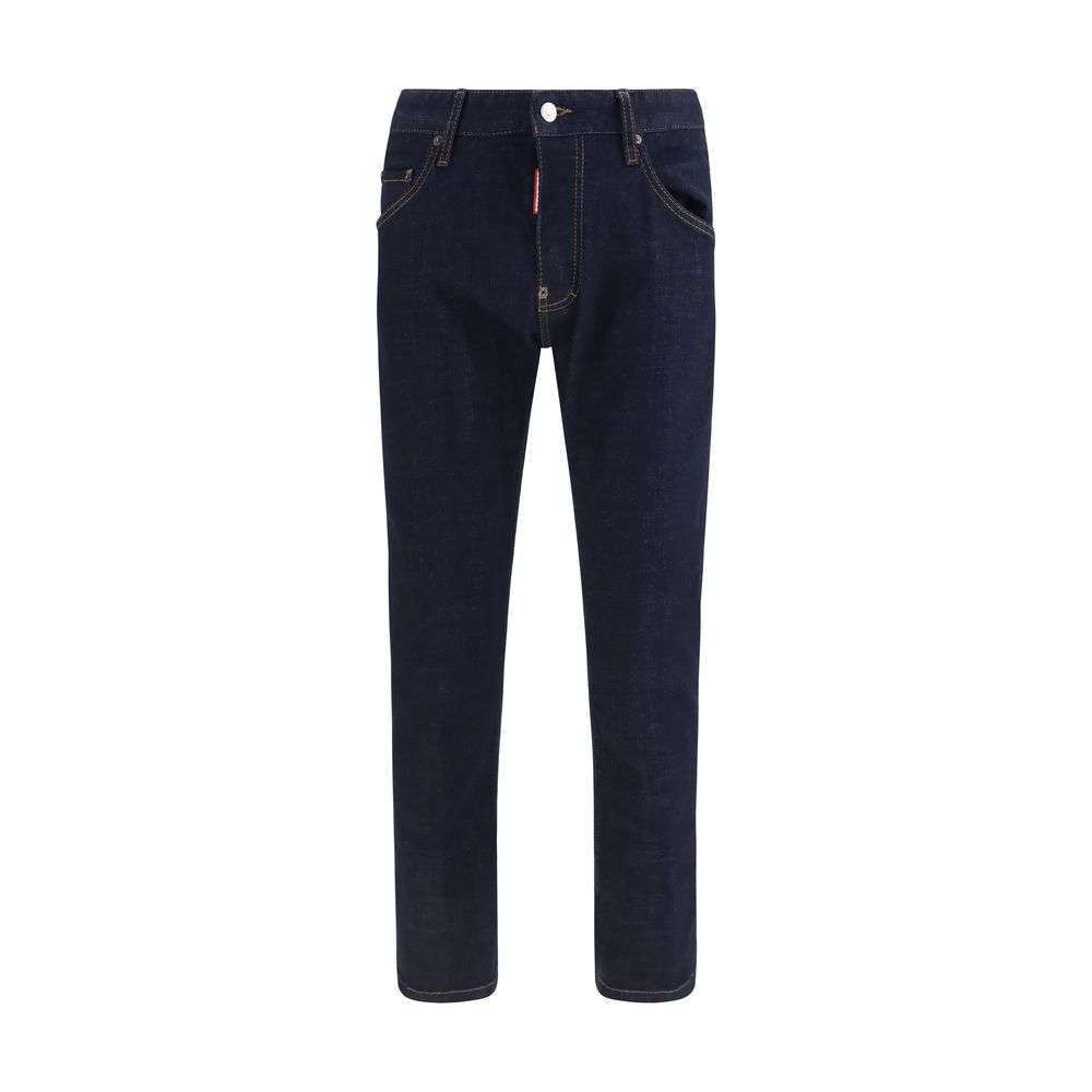 Jeans by Dsquared² for men in stretch denim cotton blue & signature features an refined tailoring silhouette, showcasing a premium straight-leg, regular-fit & slim with a and long cut for a refined tailoring look.
