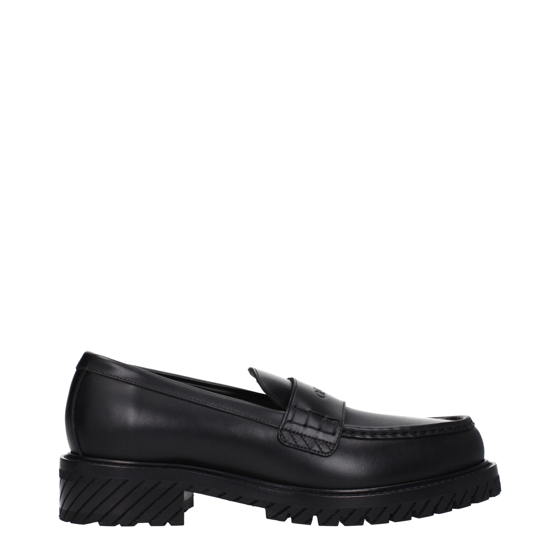 This Mid-Heel Loafer Slip-On Shoes by Off-White for men in leather & rubber black & white features an exquisite silhouette from the Men's Leather & Rubber Mid-Heel Loafer Slip-On Shoes collection, defined by a sophisticated 4-5-cm-heel mid-heel and elegant round toe style.