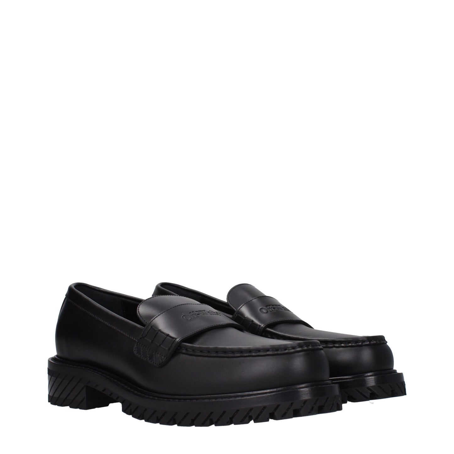 Mid-Heel Loafer Slip-On Shoes by Off-White for men in leather & rubber black & white showcases a resplendent Men's Leather & Rubber Mid-Heel Loafer Slip-On Shoes aesthetic, defined by its resplendent round toe style and elegant 4-5-cm-heel mid-heel.