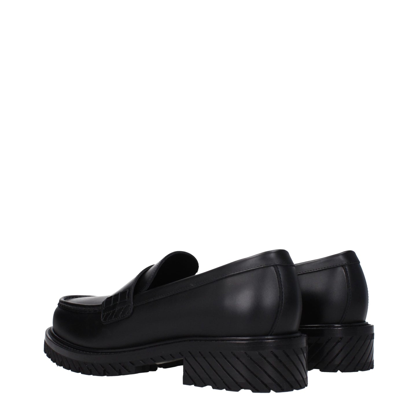 Mid-Heel Loafer Slip-On Shoes by Off-White for men in leather & rubber black & white features an ergonomic silhouette, perfectly showcasing Men's Leather & Rubber Mid-Heel Loafer Slip-On Shoes with its distinct 4-5-cm-heel mid-heel and elegant round toe style.