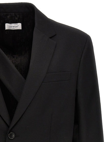 This Blazer by Off-White for men in wool black & white presents a tailored silhouette, meticulously tailored with a tailored and distinctive for a tailored finish.