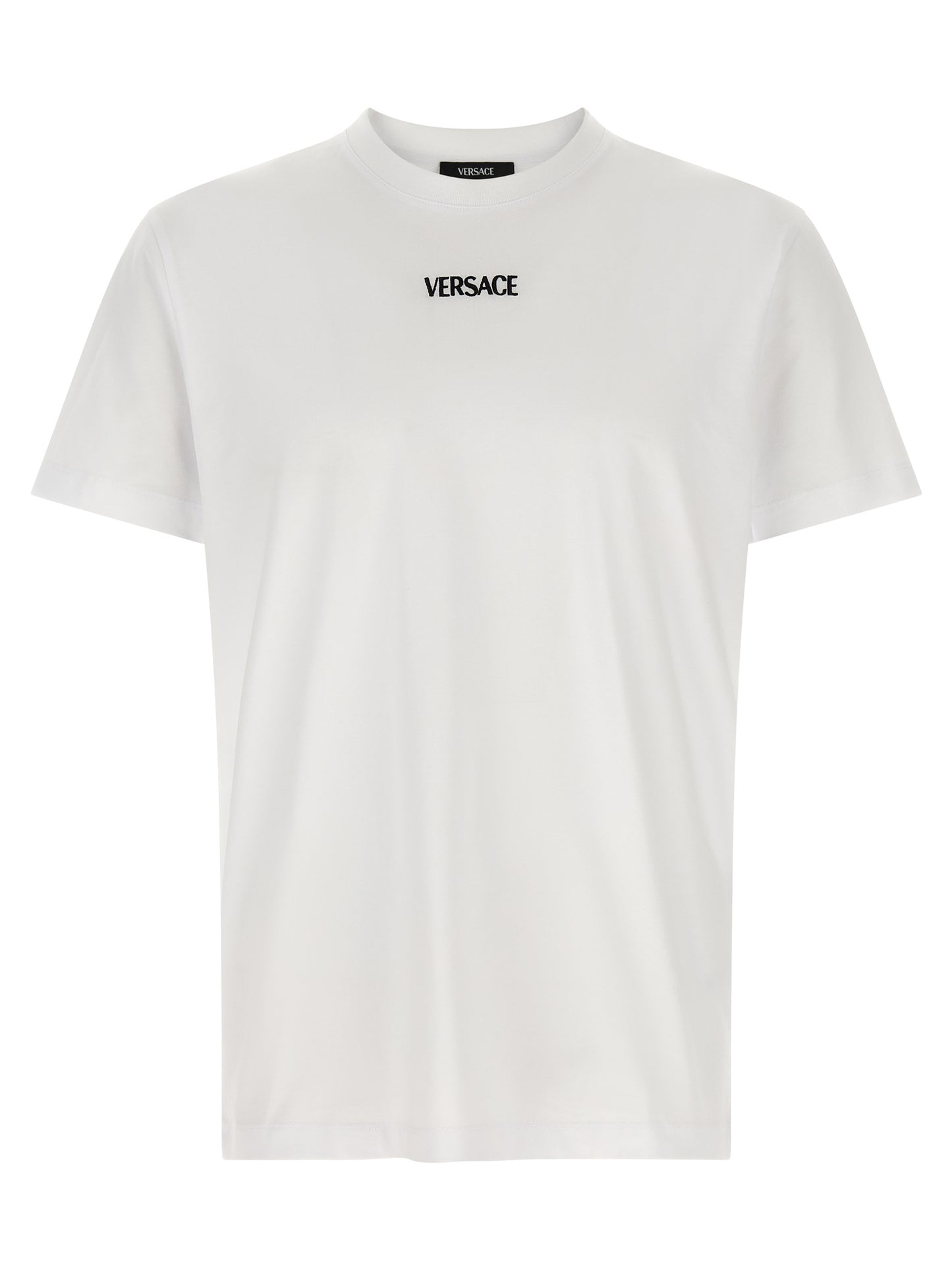 T-Shirt by Versace for men in cotton canvas white showcases a chic silhouette, artfully detailed with a chic crew neckline and short-sleeve for a chic finish.