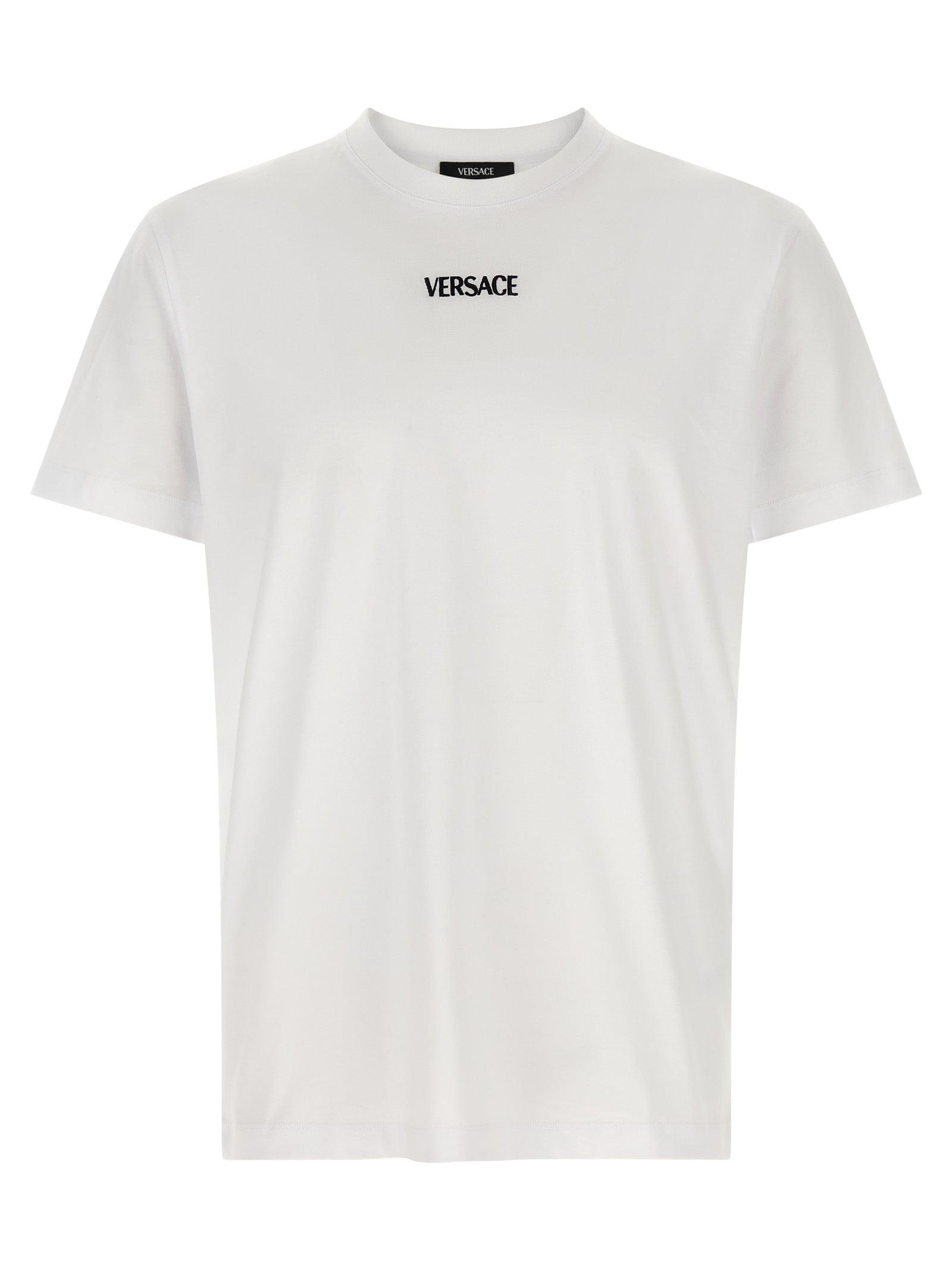 T-Shirt by Versace for men in cotton canvas white showcases a chic silhouette, artfully detailed with a chic crew neckline and short-sleeve for a chic finish.