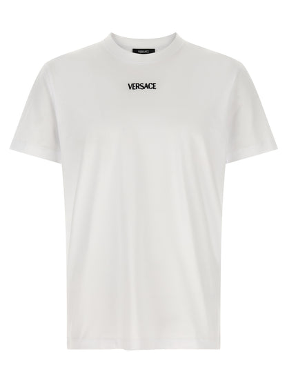 T-Shirt by Versace for men in cotton canvas white showcases a chic silhouette, artfully detailed with a chic crew neckline and short-sleeve for a chic finish.