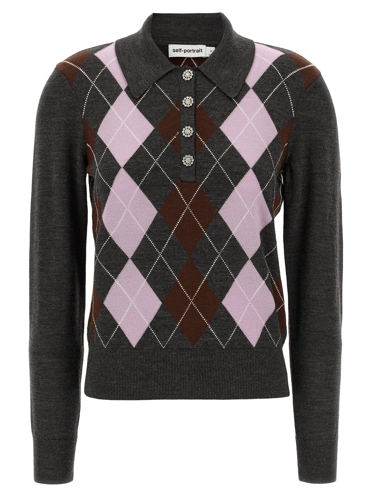Cardigan by Self-Portrait for women in wool gray & argyle showcases a luxurious silhouette, meticulously detailed with a sophisticated and for a refined finish.
