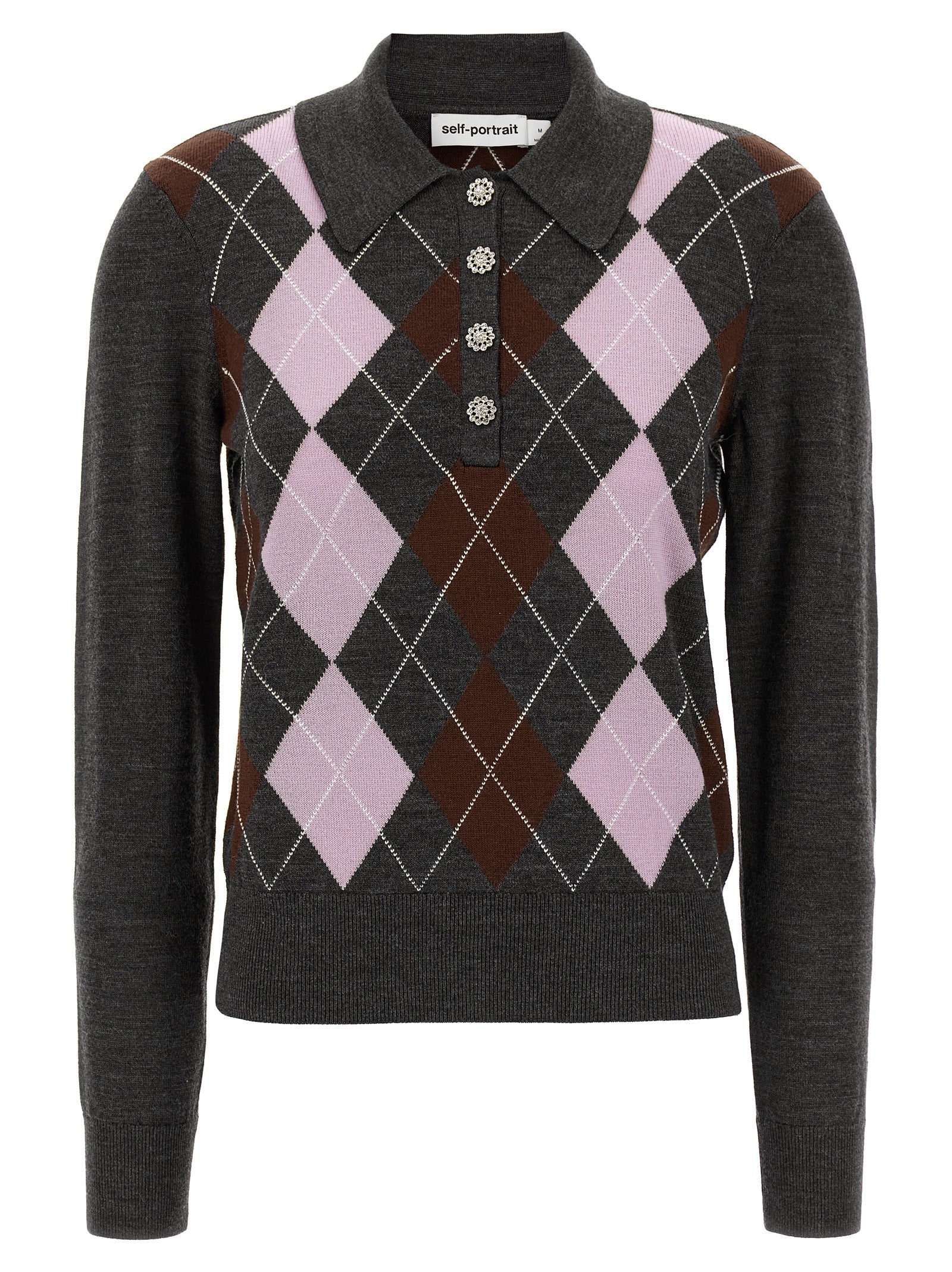 Cardigan by Self-Portrait for women in wool gray & argyle showcases a luxurious silhouette, meticulously detailed with a sophisticated and for a refined finish.