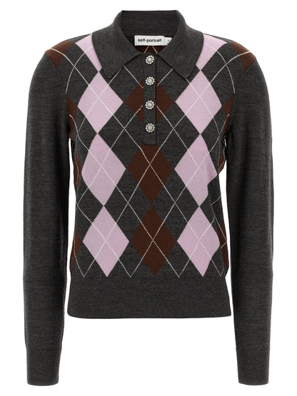 Cardigan by Self-Portrait for women in wool gray & argyle showcases a luxurious silhouette, meticulously detailed with a sophisticated and for a refined finish.