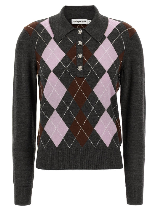 Cardigan by Self-Portrait for women in wool gray & argyle showcases a luxurious silhouette, meticulously detailed with a sophisticated and for a refined finish.