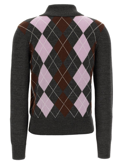 Cardigan by Self-Portrait for women in wool gray & argyle features a dramatic silhouette, showcasing a sophisticated and dramatic detail for a timeless, premium look.