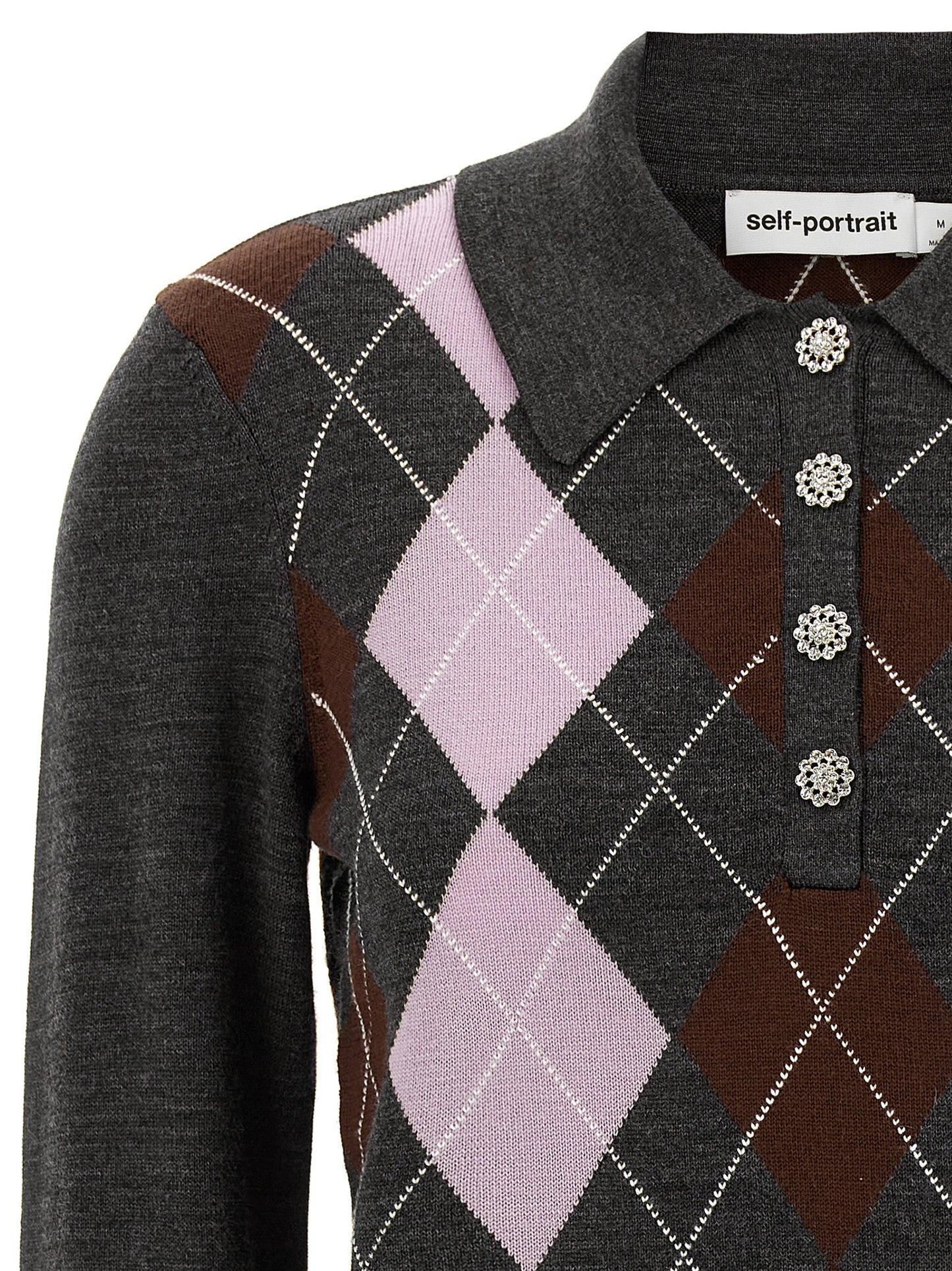 Cardigan by Self-Portrait for women in wool gray & argyle features an impeccable silhouette, showcasing a sophisticated and detail for a truly impeccable finish.