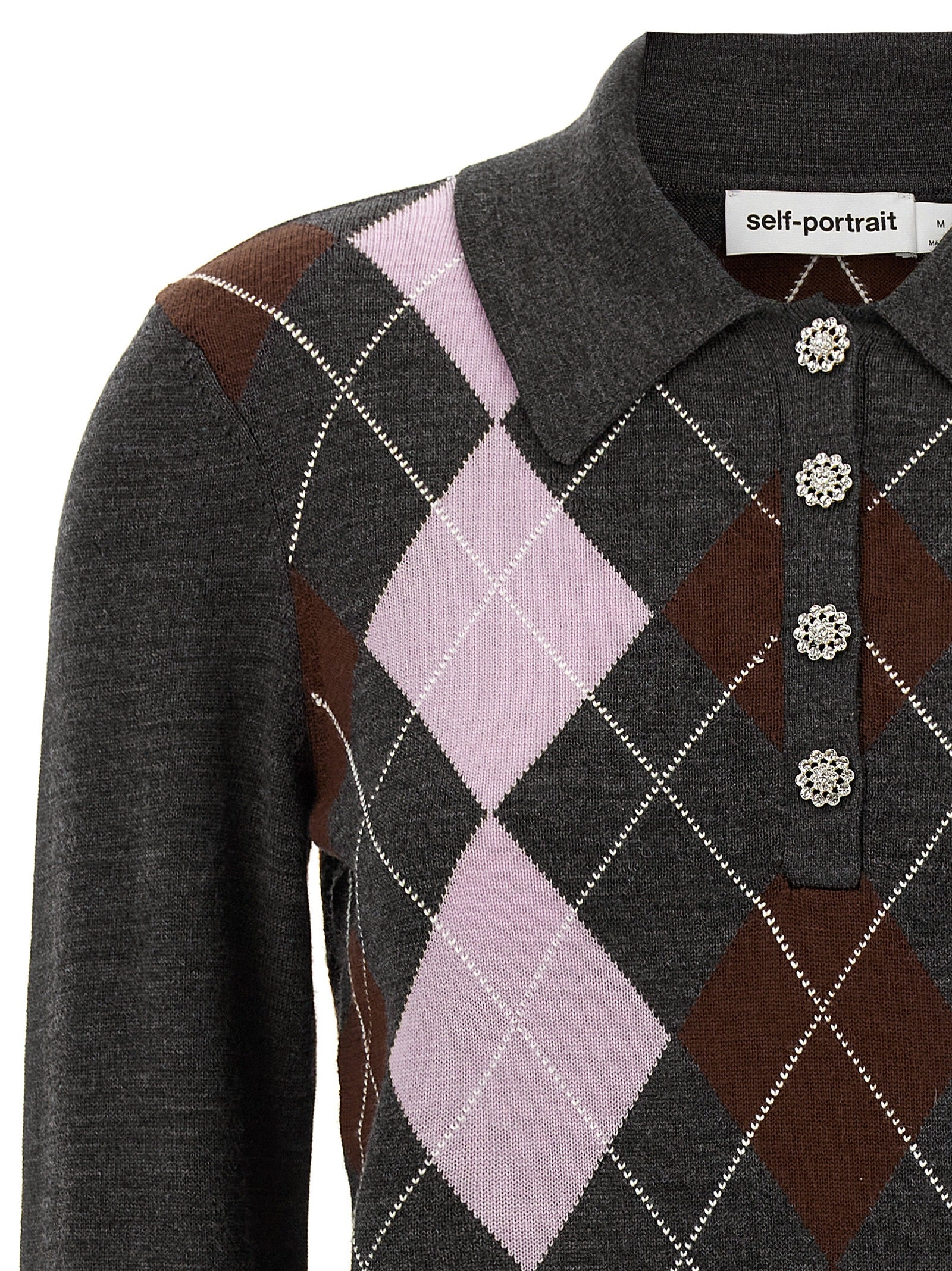 Cardigan by Self-Portrait for women in wool gray & argyle features an impeccable silhouette, showcasing a sophisticated and detail for a truly impeccable finish.