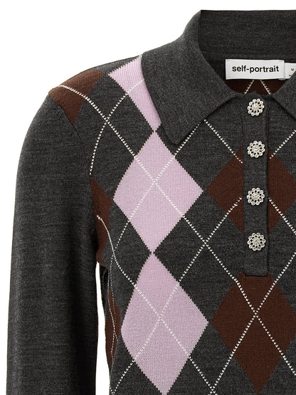 Cardigan by Self-Portrait for women in wool gray & argyle features an impeccable silhouette, showcasing a sophisticated and detail for a truly impeccable finish.