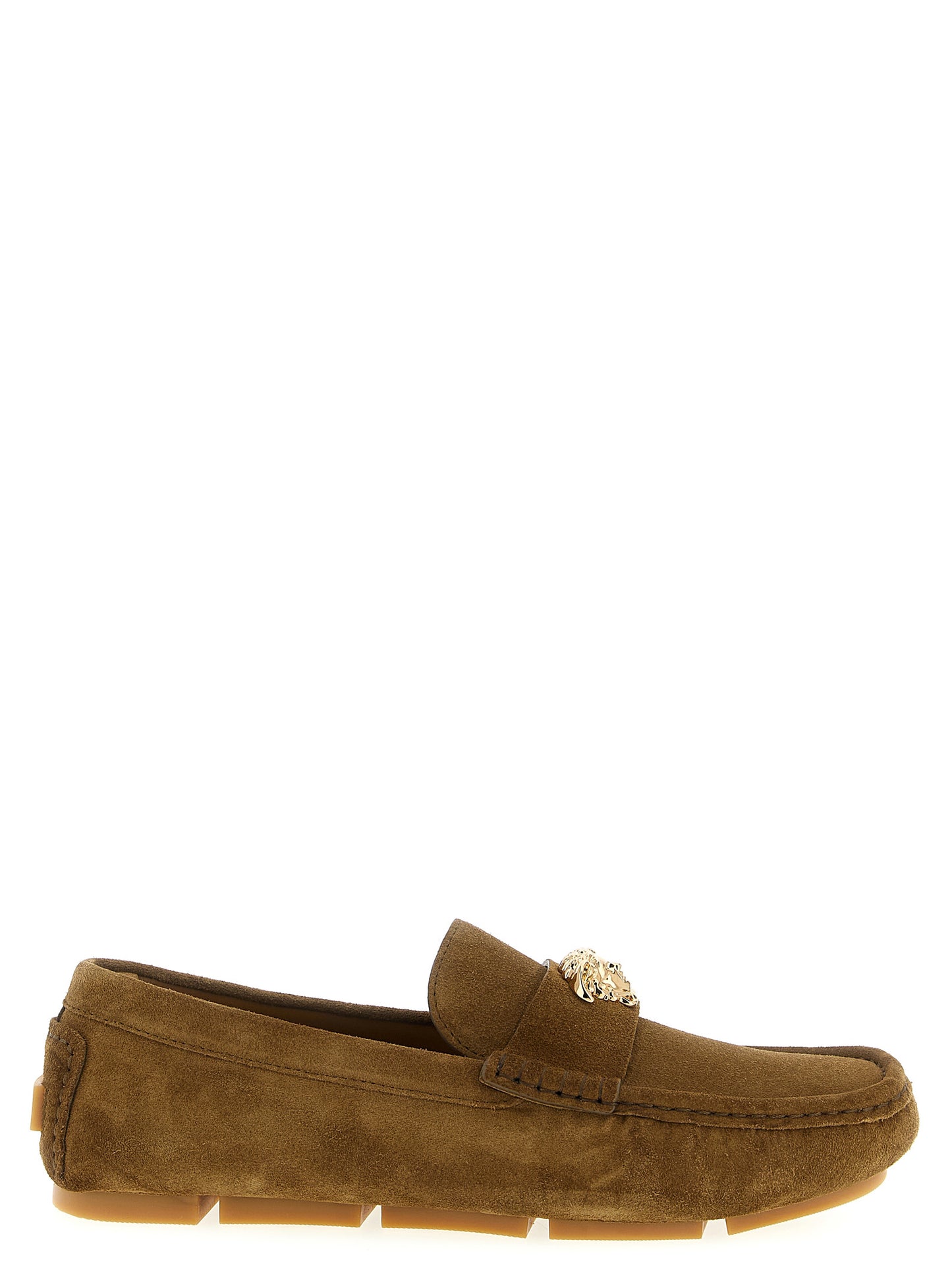Loafer Slip-On Shoes by Versace for men in suede calfskin leather brown & signature showcases a resplendent Medusa Men's Suede Calfskin Leather Loafer Slip-On Shoes aesthetic, defined by its resplendent and elegant .