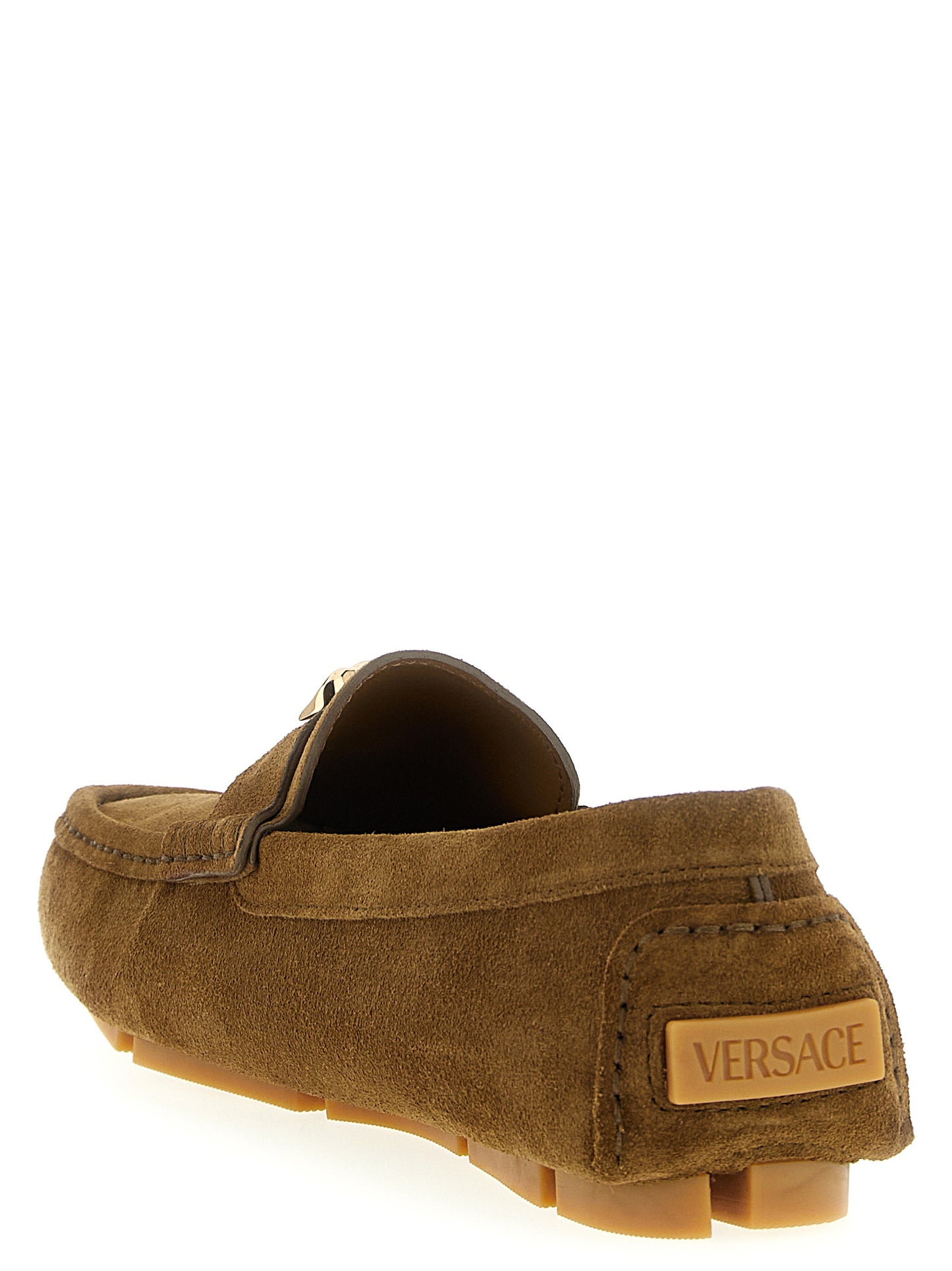 Loafer Slip-On Shoes by Versace for men in suede calfskin leather brown & signature showcases a timeless silhouette from the Medusa Men's Suede Calfskin Leather Loafer Slip-On Shoes collection, featuring a timeless and for a timeless finish.