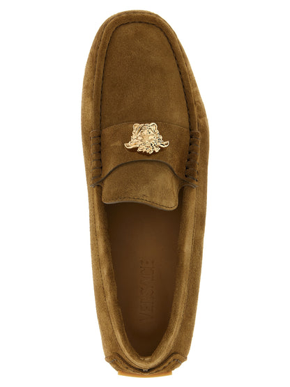 Loafer Slip-On Shoes by Versace for men in suede calfskin leather brown & signature features an ergonomic silhouette, perfectly showcasing Medusa Men's Suede Calfskin Leather Loafer Slip-On Shoes with its distinct and elegant .