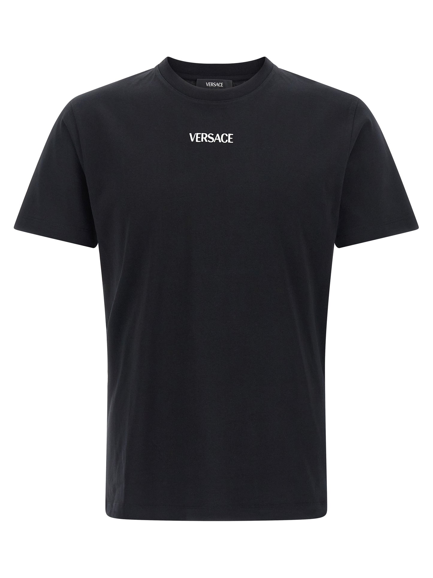 T-Shirt by Versace for men in cotton black showcases a dramatic silhouette, elegantly detailed with a dramatic crew neckline and short-sleeve for a truly dramatic finish.